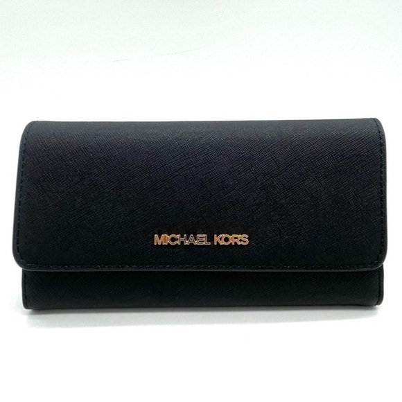 Michael Kors Large Trifold Wallet Black/Gold - Picture 2 of 8